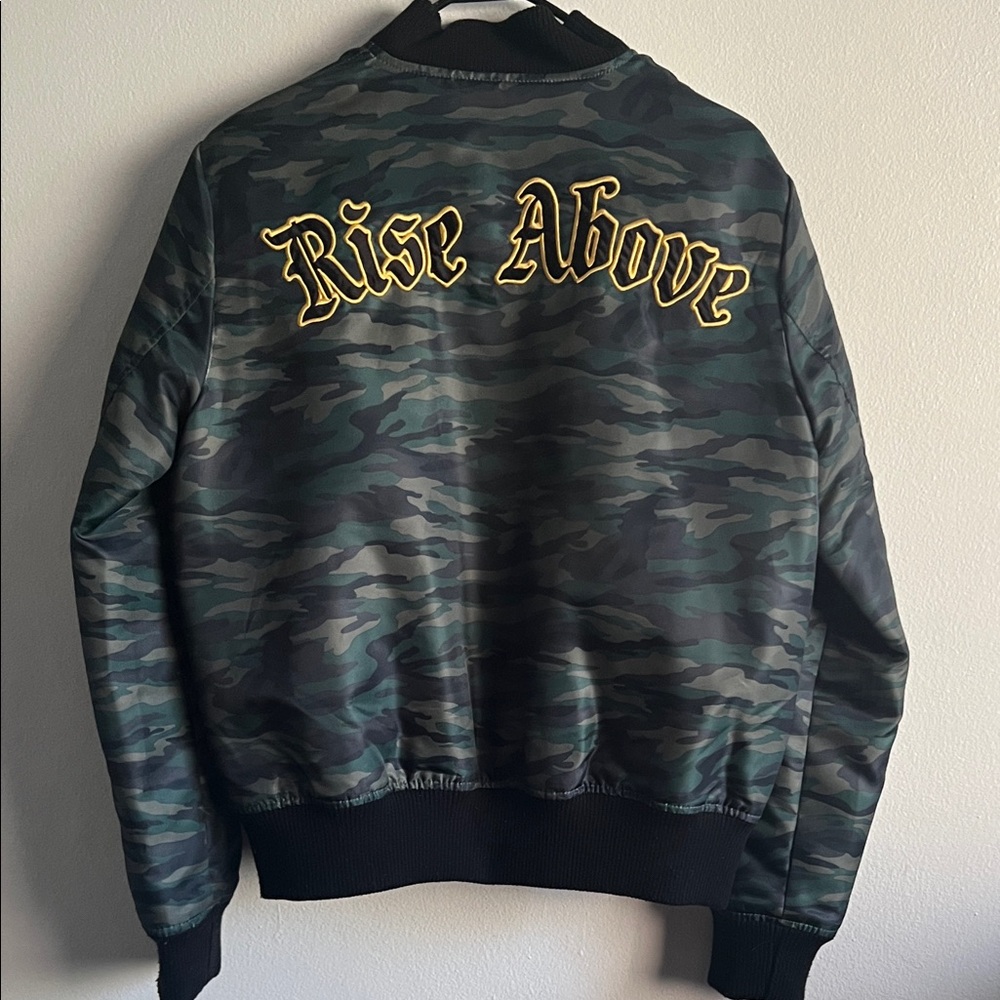 Forever 21 Camouflage Bomber Jacket with Yellow Lettering